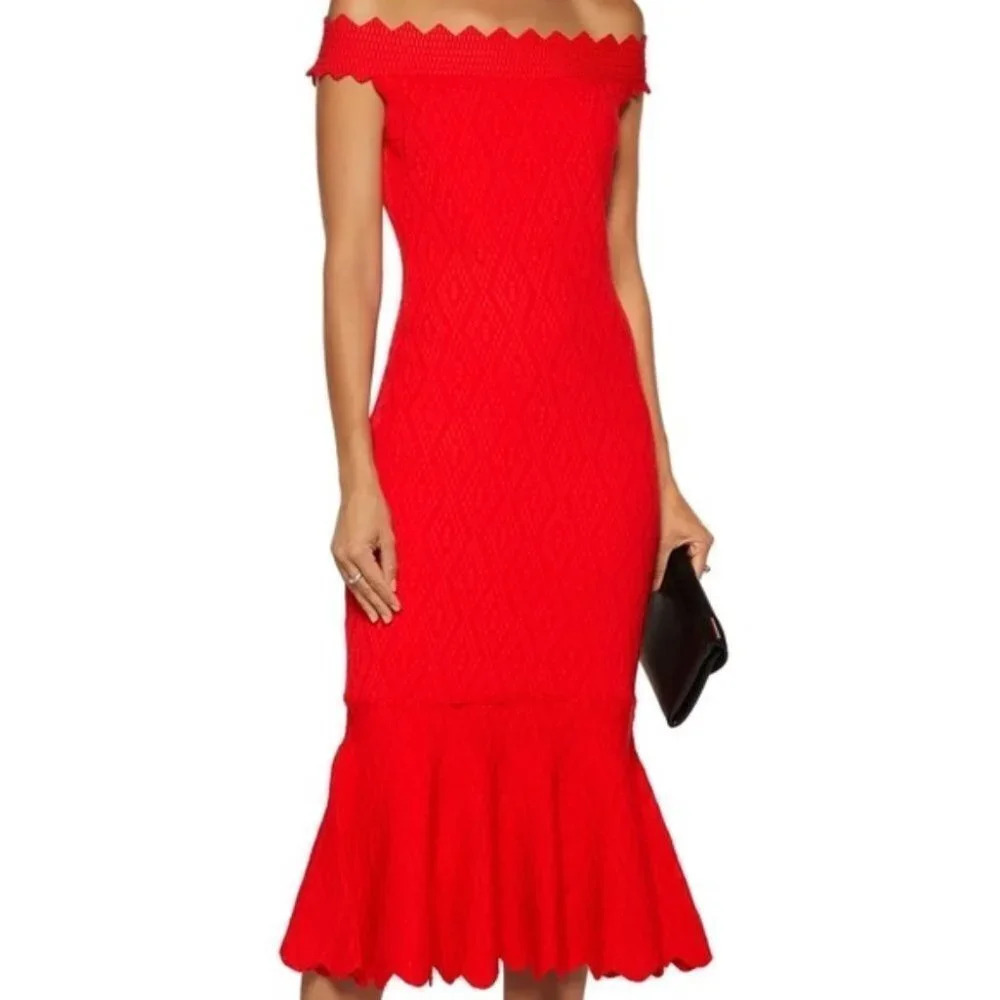 Jonathan  Simkhai Off the Shoulder Cocktail Mermaid Stretch Knit Dress Red Sz S
